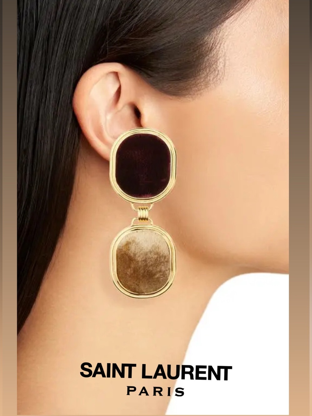 Saint Laurent Twin Square Burgundy and Gold Velvet Drop Earrings